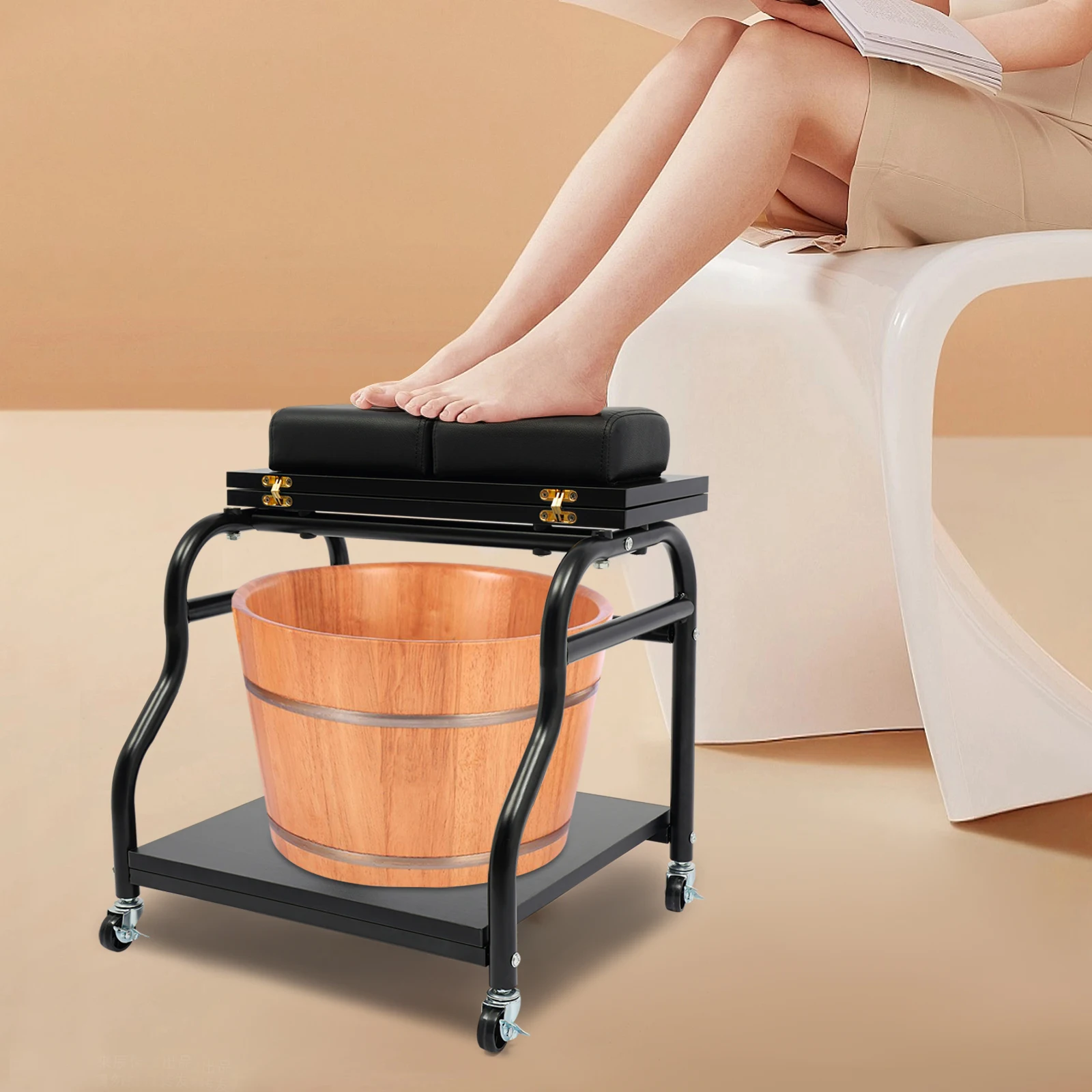 Foot Spa Bench Foldable 2-Tier Pedicure Station with Wheels & Brakes for Salon Foot Bath Massage Manicure