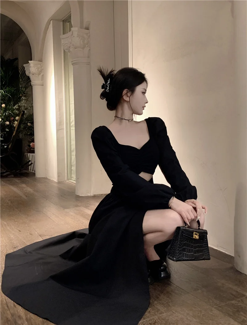 Elegant Black Long Dresses for Women Long Sleeve Square Collar Hollow Out High Slit Evening Party Dress Prom Robe Vestidos Mujer
