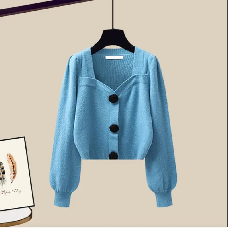 2023 Autumn Winter New Fashion Knit Sweater Top+Black Dress Two Piece Set Women's Korean Elegant Cardigan Blouse Midi Skirt Suit