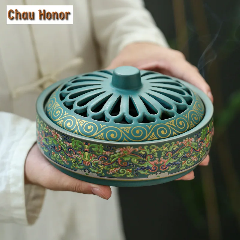 Extra Large Enamel Color Incense Burner Aromatherapy Mosquito Repellent Plate Cloisonne Furnace 12 Hour Incense Holder Ornaments