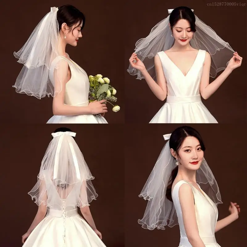 2 Layers Wedding Bridal Veil with Comb Ribbon Bow Embellished Wavy F0S4