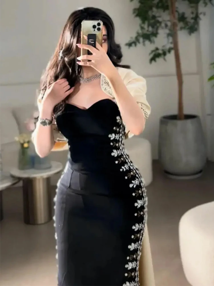 

Sweetheart Neck Sexy Sheath Short Sleeve Mermaid Evening Party Dress Tea-length Prom Gown Patchwork فساتين السهرة 2024 جديده