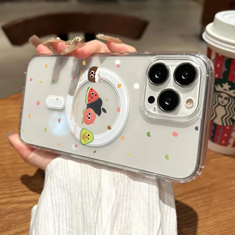 Adorable Fruit Cartoon Shockproof Transparent Phone Case with MagSafe Compatibility