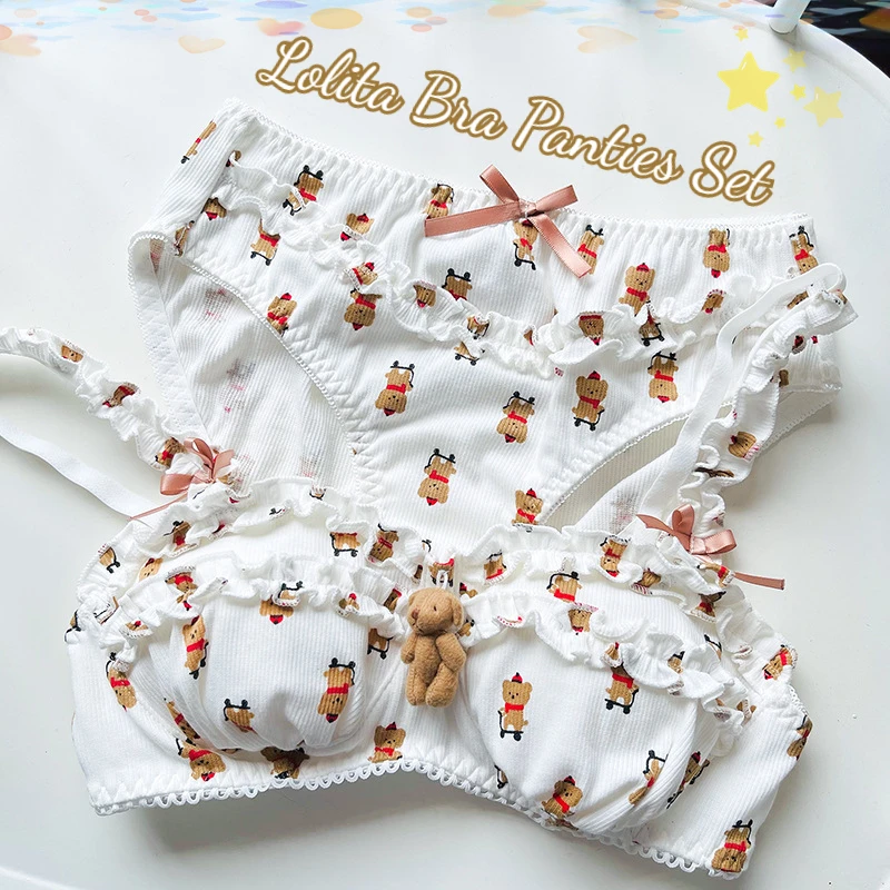 

Japanese Lolita Bra Briefs Cosplay Anime Little Bear Print Lingerie Panties Women Kawaii Sweet Bow Sexy Underwear Underpants Set