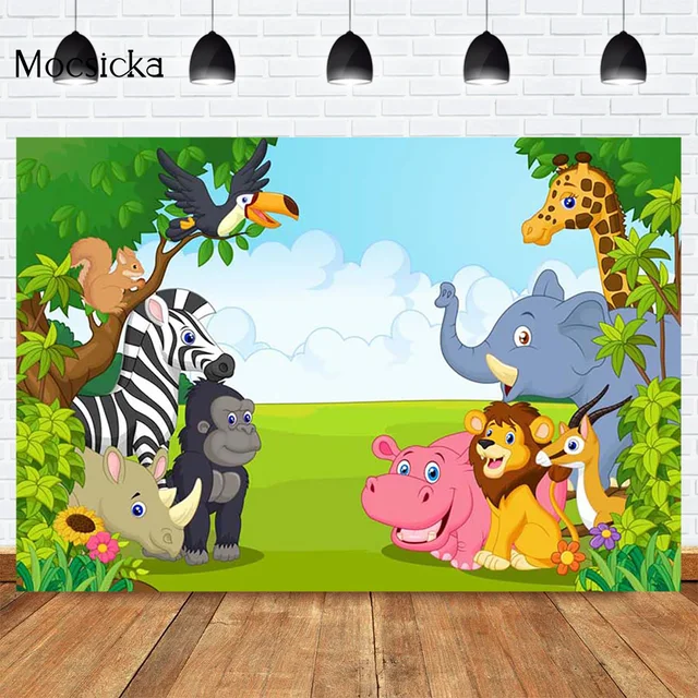Mocsicka CUSTOM Rainforest Animals Wild One Backdrops Children Happy Birthday Party Photography Background Cake Table Banner 11