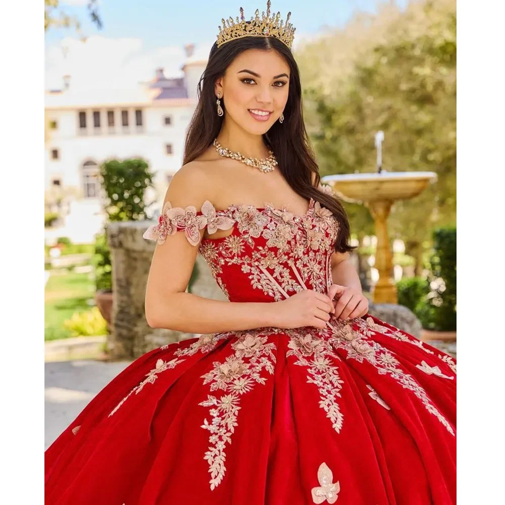 Red 3D Butterfly Princess Quinceanera Dresses Ball Gown Off The Shoulder Gold Appliques Corset Sweet 15 Vestidos De