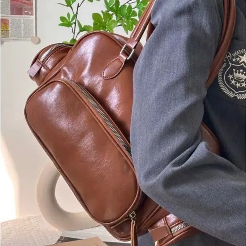 Retro Multi Pocket Boston Bag Women Ladies Academic Style Leather Large Capacity Shoulder Bag Ladies Premium Versatile Handbag