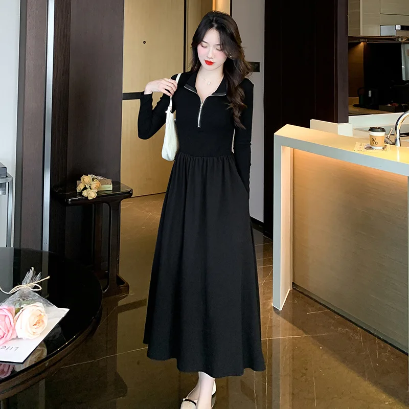 

Elegant Black Midi Dresses for Women New Autumn Korean Fashion Long Sleeved Simple Casual Slim Office Lady Knitted Dress T461