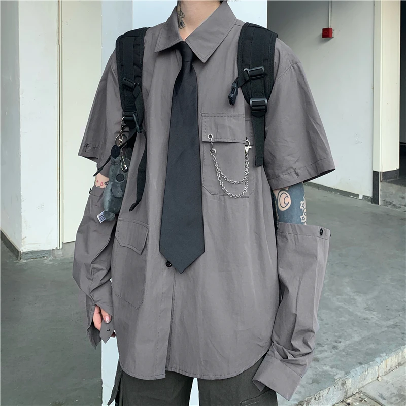 Detachable Sleeve Unisex Y2K Men Women Shirts Blouse Chain Decor Tops Gothic Chic Motor Biker Lovers Dance BF Wind Streetwear harajuku sexy denim shorts with grey tassel flared leg gothic chic denim shorts women streetwear y2k jeans with detachable leg