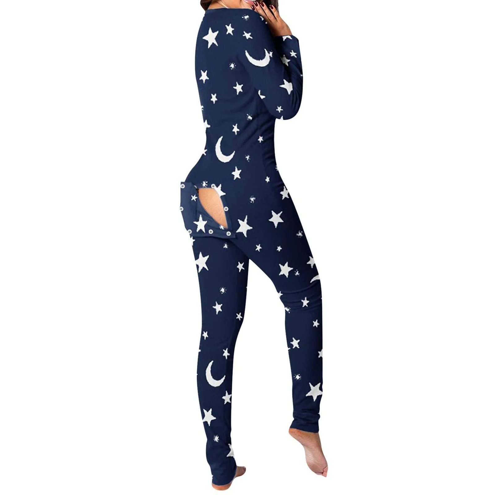 Women Buttoned Flap Jumpsuits Sleepwear Printed Long Sleeve V Neck Bodycon Romper Pyjamas Loungewear Home wear