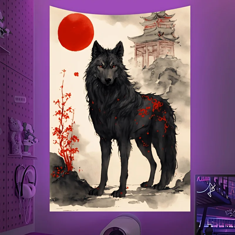Japanese Style Black Wolf and Red Moon Shower Curtain Waterproof & Mildew Resistant Fabric for Bathroom Decor