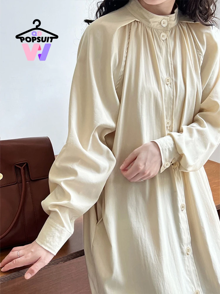 

Spring Women Shirt Dress Stand Collar Long Sleeved Loose Belt Blouse Dress Cardigan Coat Fashion Casual Vintage Women's Clothing