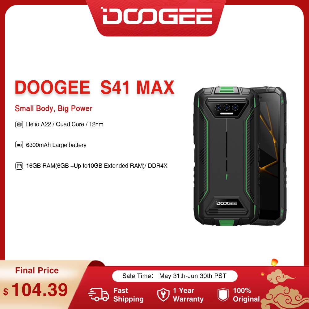 DOOGEE S41 Max Rugged Phone 5.5" IPS HD 16GB RAM +256G ROM Quad Core 13MP AI Triple Camera Android 13 6300mAh Phone