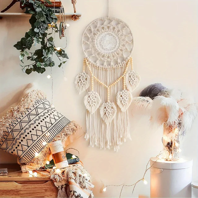 Macrame Dream Catcher Wall Hanging - Wood Bead Tapestry