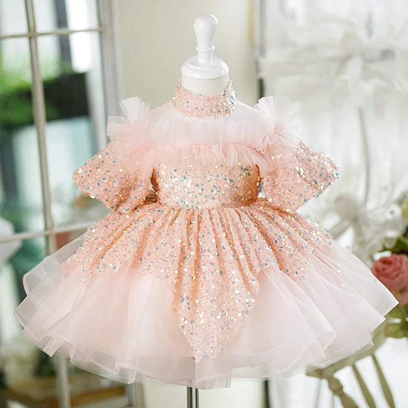 

2-8Y Kids Tulle Tiered Princess Evening Dress High O-Neck Sequin Flower Girl Dresses Exquisite Chiffon Puff Sleeve Ball Gown