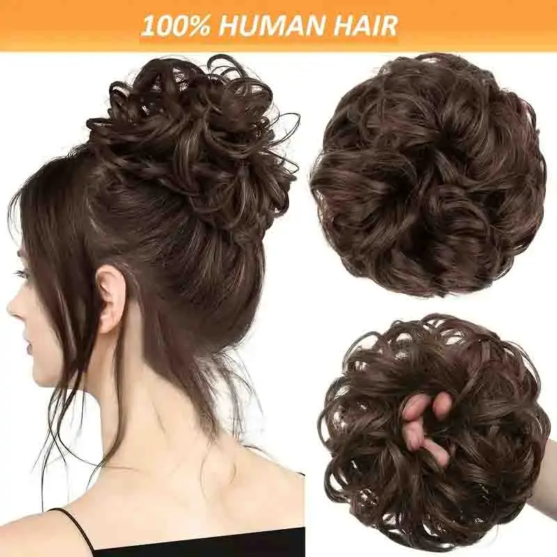 1pc Messy Bun Hair Pieces for Women Human Hair Curly Wavy Chignon Scrunchies Thick Updo Extensions Versatile Styling