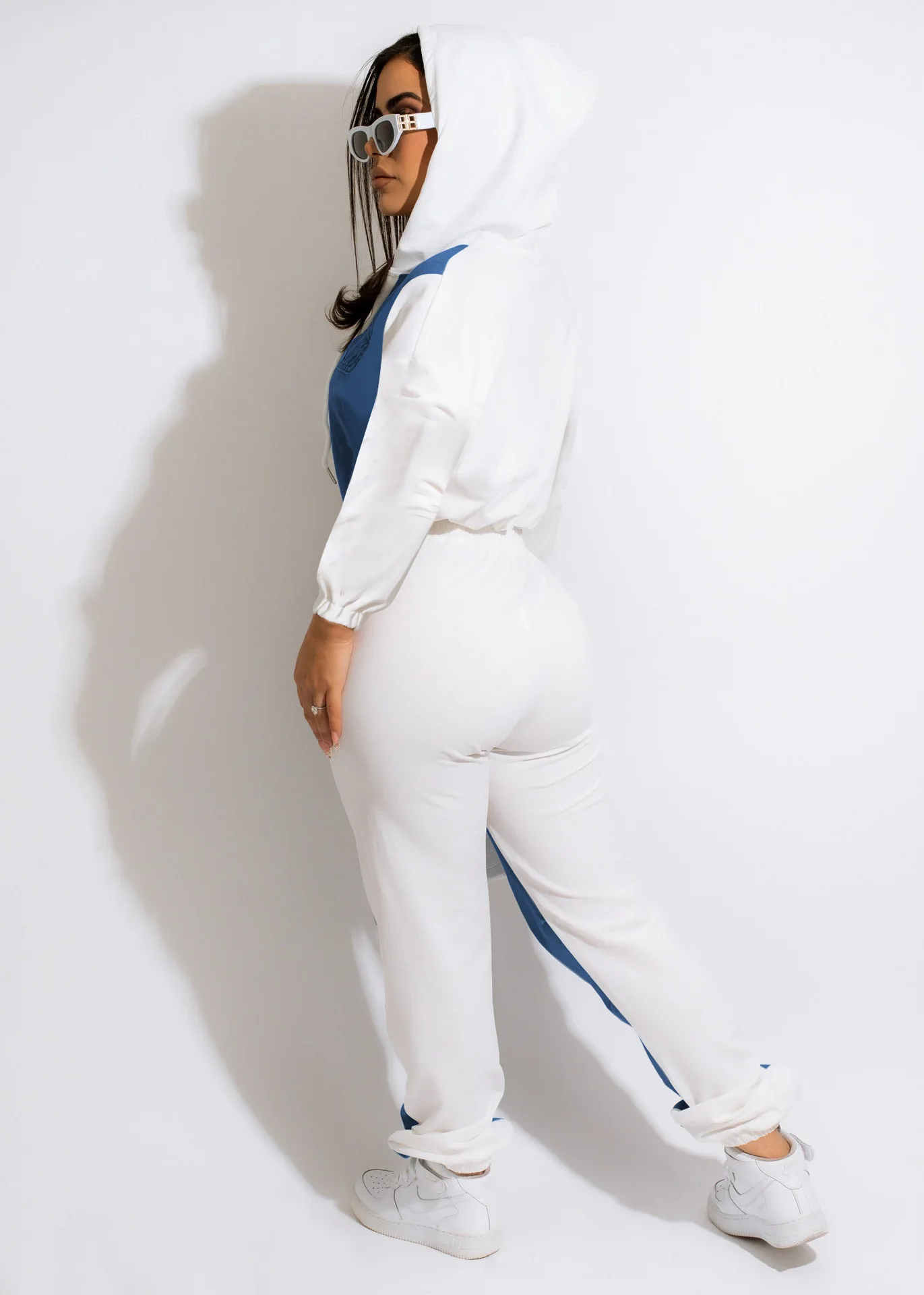 Streetwear Fashion Denim Stitching Two Piece Sets Womens Outifits Zipper Hooded Top + Casual Trousers Women's Matching Clothing