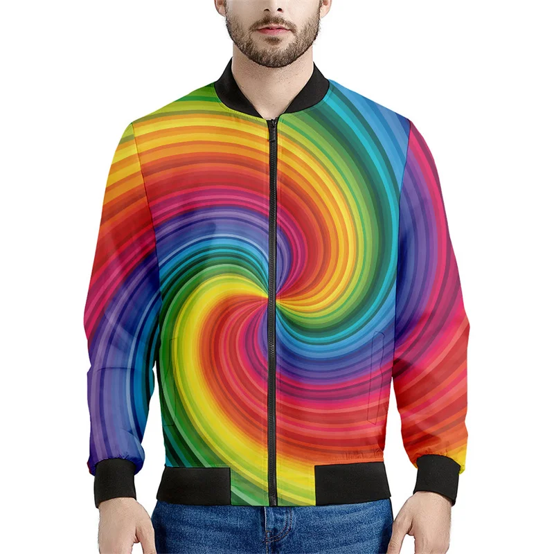 thumbnail image 1 of Chaqueta con cremallera y diseño geométrico de arcoíris a la moda para hombre, sudadera con rayas de colores con estampado 3D, chaquetas bomber urbanas geniales para niños, abrigos, 1 of 5