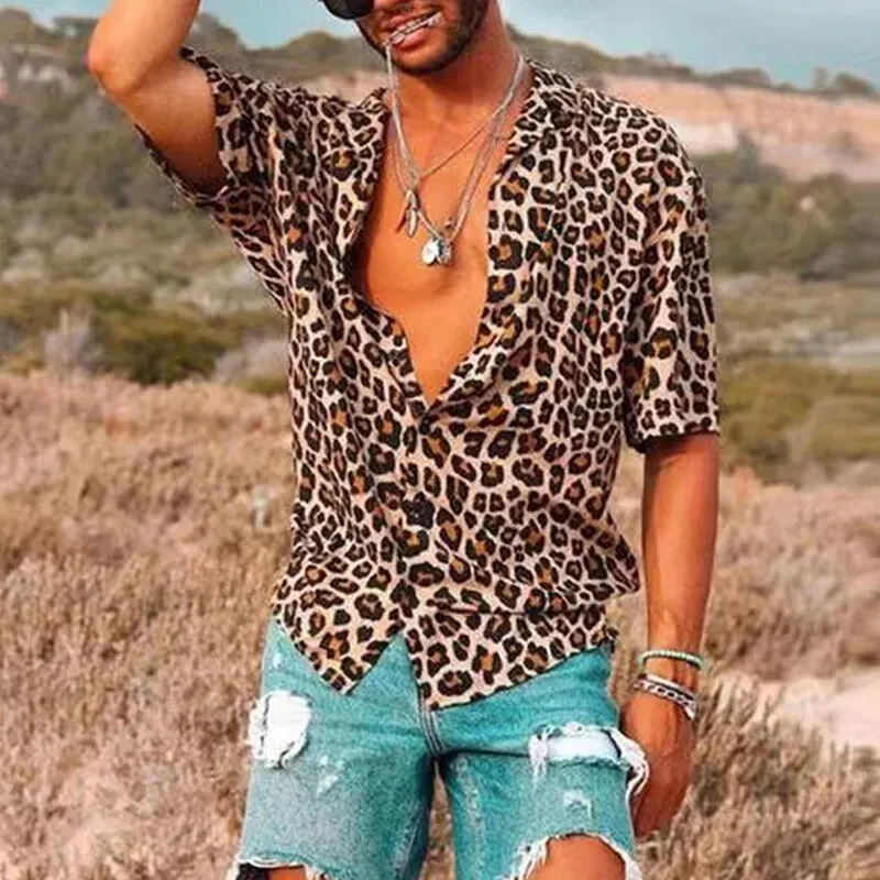 Summer Men's Leopard Print Shirt Fashion Trend Short Sleeve Casual Loose V-neck Button Top T-shirt Club Party Casual Top