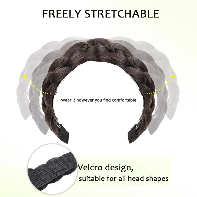 Synthetic Wig Braided Headband Adjustable Hoop Hairband with BB Clips&Velcro Fashion Hair Accessories Suitable for All Occasions