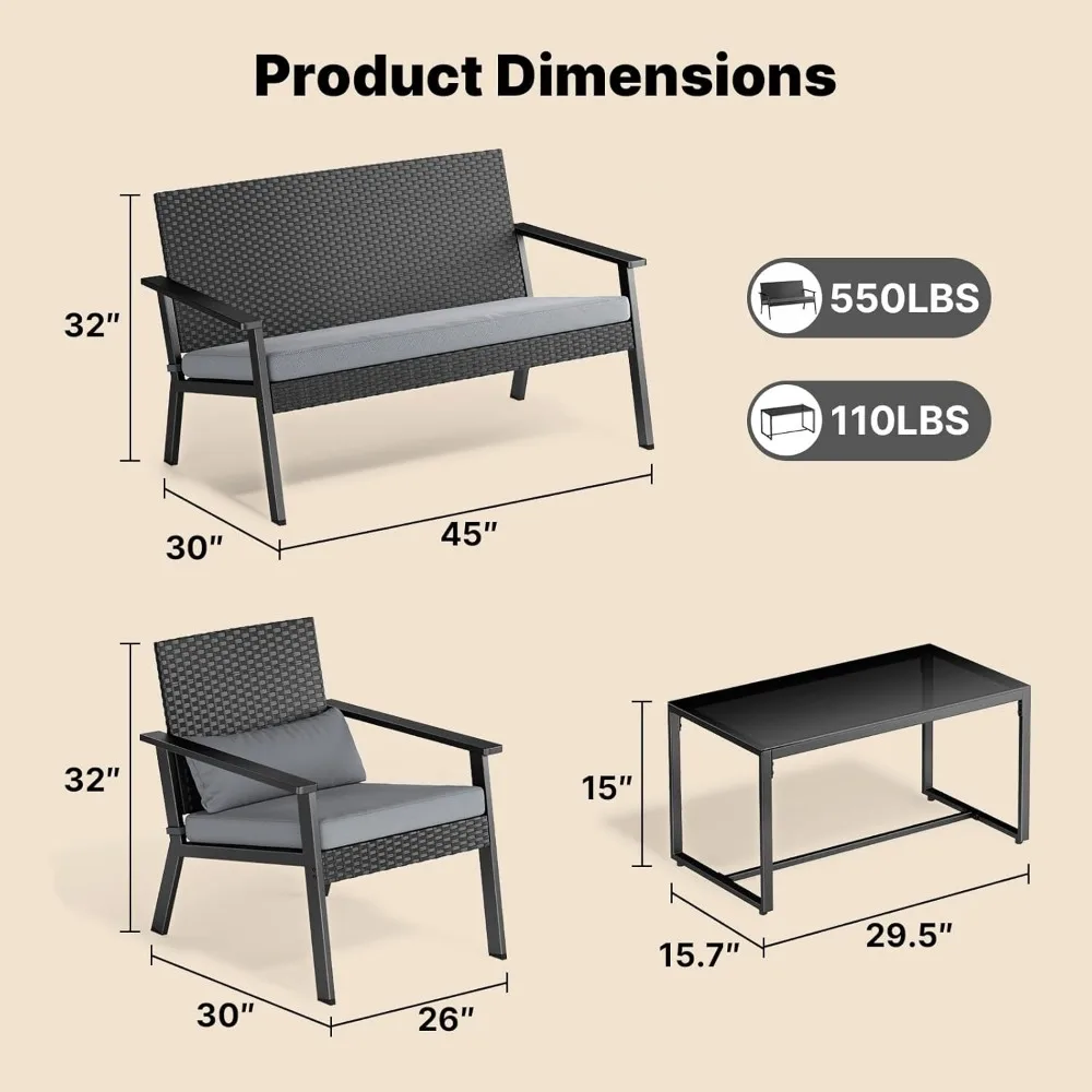 Outdoor Wicker Patio Furniture Set with Deep Seating Cushions and Table for Balcony, Backyard, and Porch 3