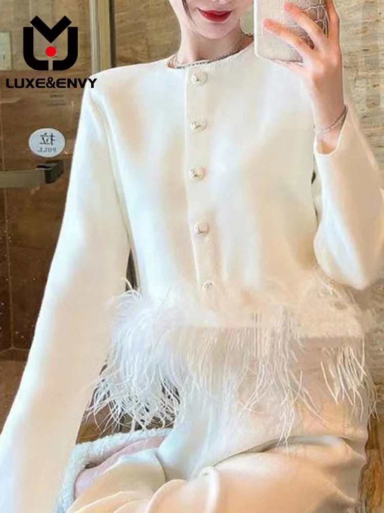 

LUXE&ENVY Winter New Design Feel Feather Splice Knitted Cardigan High Waist Slim Fragrant Sweater Coat 2023 Autumn