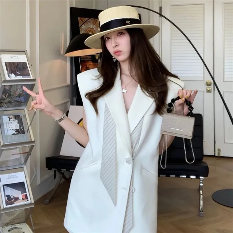 

2023 Korean Fashion Casual Suit Vest Women Mid-length New In Outerwears Summer Thin Waistcoat Female Sleeveless Coat Elegant