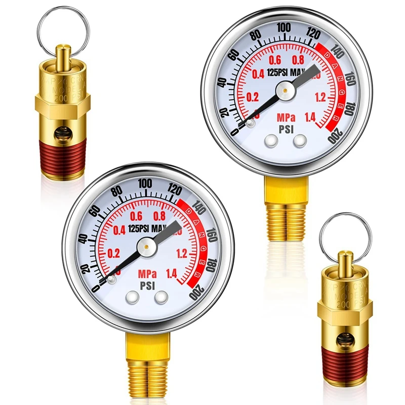 

4Pcs Air Compressor Relief Pressure Safety Valve And Air Gauge Set,1/4In NPT Air Tank Valve 0-200 PSI Air Pressure Gauge