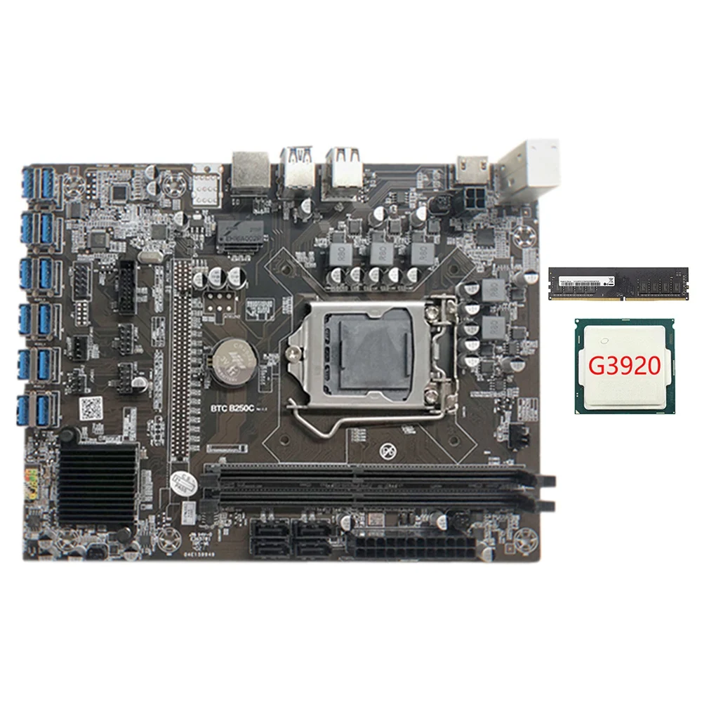 

Материнская плата для майнинга B250C с процессором G3920 + 1XDDR4 8G 2133 МГц ОЗУ 12xpcie на USB3.0, слот для карты, плата для BTC