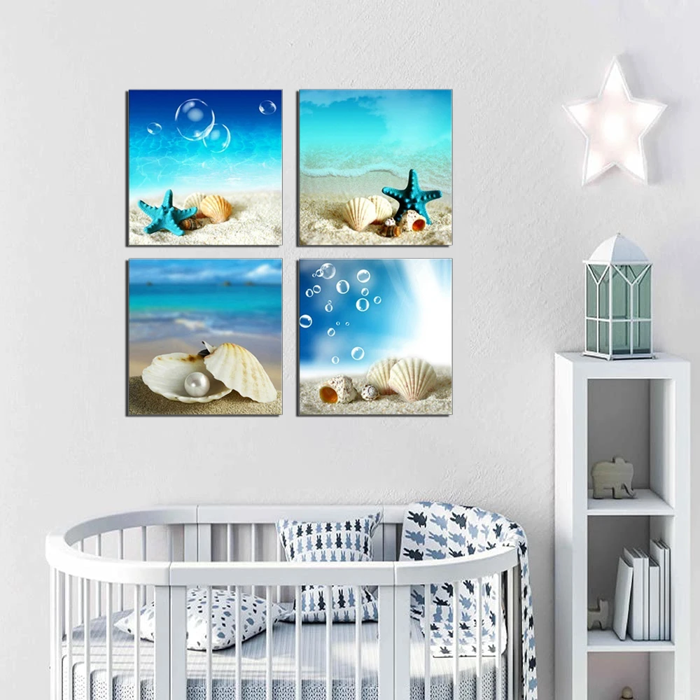 

Modern Home Decor Canvas Print Blue Beach Seascape Paintings Wall Art Shell Sea Picture for Living Room Wall Decor Dropshipping