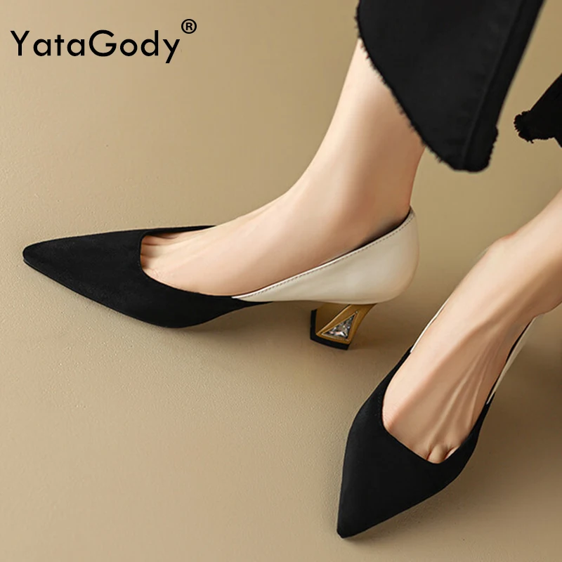 

YATAGODY Size 32-46 Women Elegant Pumps Crystal Block High Heels Shoes 2024 Ins Spring Pointy Toe Party Office Ladies Work Dress