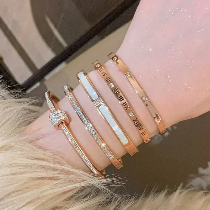 Titanium Steel Rose Gold Color Bangles for Women Girls Trend Waterproof Jewelry Luxury Sparkling Zircon Bracelet Bangle 4