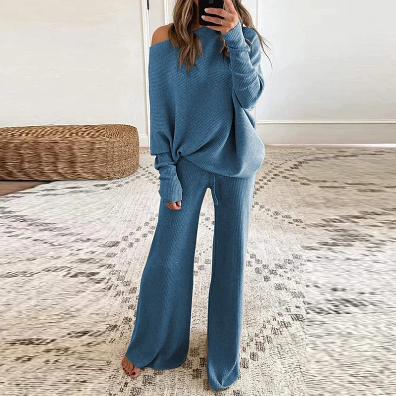 

2023 New Women's Set Spring and Autumn Loose One-shoulder Pullover Top Wide-leg Pants Sports Suit Ladies Casual Soft Sportswear