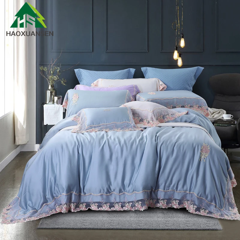 

Embroidered Lace 4/7Pcs Bedding Sets Sky Blue Lyocell Fabric Super Soft Quilt Cover Pillowcase Sheets Bedspread Cushion Cover