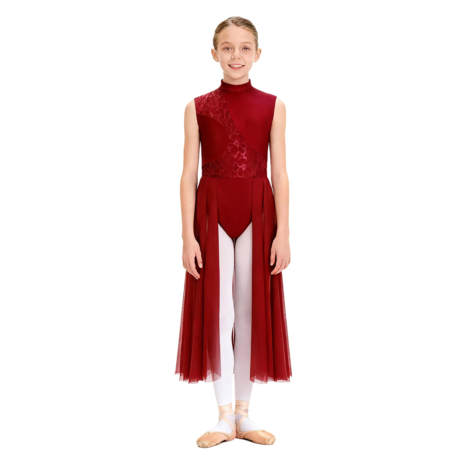Mädchen-Tanzkleid mit Blumenmuster und Spitzenapplikationen, Rückenausschnitt, Ballett-Trikotkleid, Tanzbekleidung, Bühnenkostüm – Detail 25