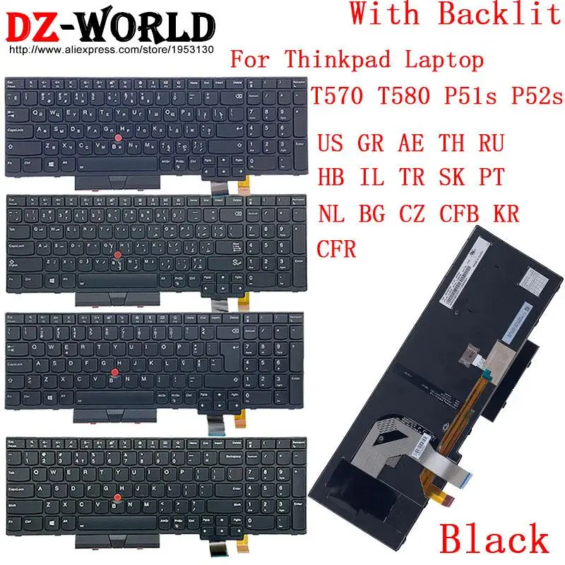 Teclado Luminoso para o Portátil de Lenovo Thinkpad T570 P51s T580 P52s us gr gk ae th ru hb il tr sk pt nl bg cz Cfb kr Cfr