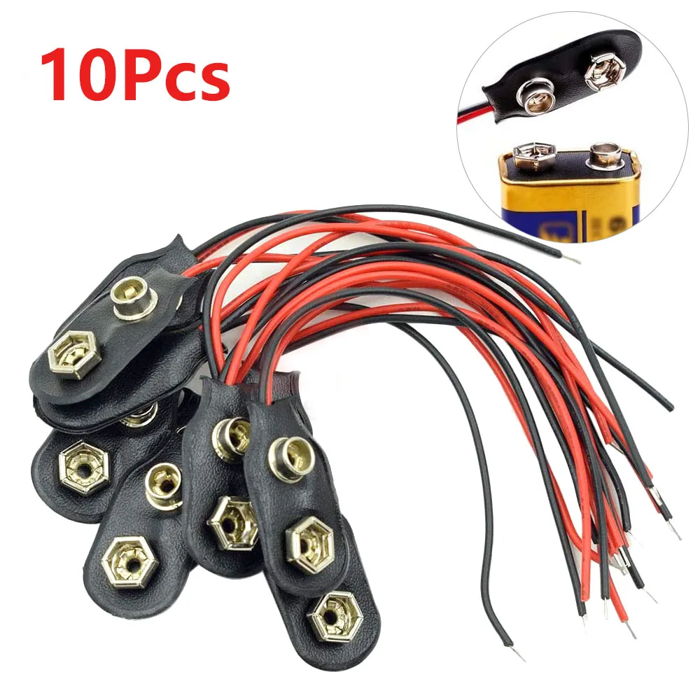 10PCS I Type 9V Clip-on Battery Connector Leather Shell Black Red Wired 9 Volt Battery Clip Connector Battery Holder For Arduino