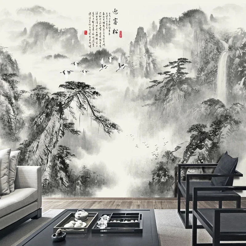 Papel de Parede 3d Personalizado Estilo Chinês Pintura de Tinta Artística Cascata Foto Murais de Parede Sala de Estar Quarto Estudo Decoração de Casa Fresca