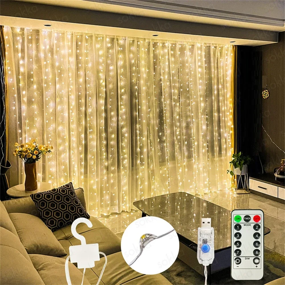 

USB LED Curtain String Light With Remote Control IP44 Waterproof 8 Flashing Modes Window Fairy Lights For Merry Christmas Decor