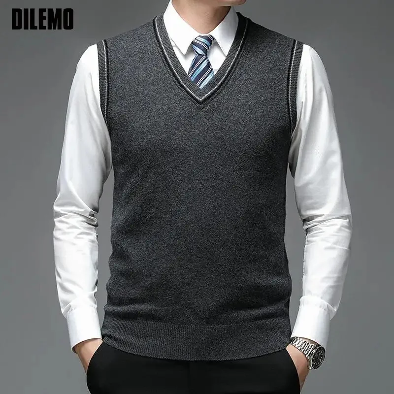 

100% Wool Top Quality New Autum Fashion Brand Solid Pullover Sweater V Neck Knit Vest Plain Sleeveless Casual Men Clothing