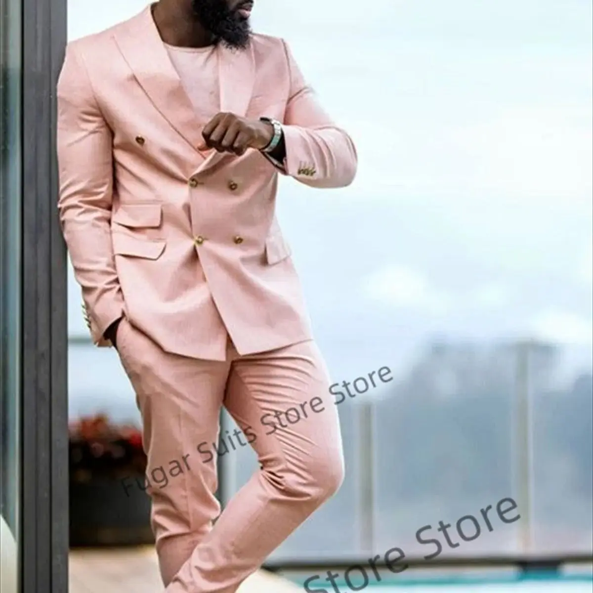 Fashion Pink Double Breasted Handsome Suits For Men Slim Fit Formal Wedding Groom Prom Tuxedos Elegant 2 PCS Sets Jacket+Pants