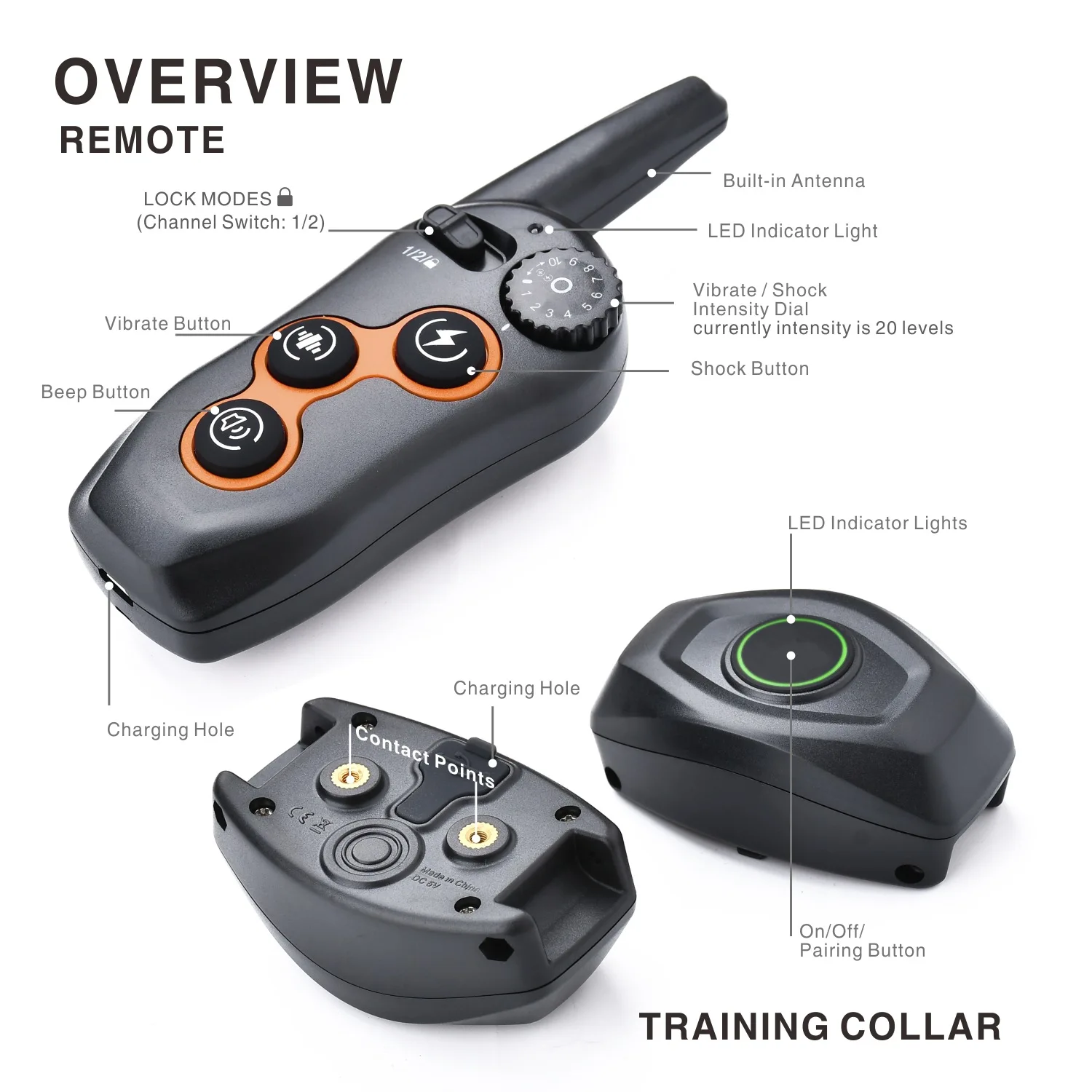 Rechargeable Electric Shock Collar IPX7 Waterproof Dog Training Collar with Remote Dog Shock for Large Medium Small dog trainer