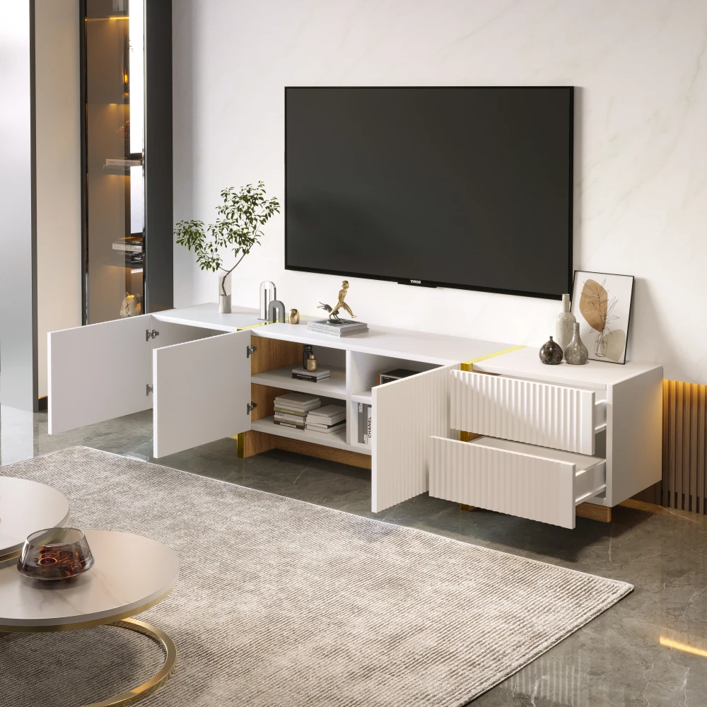 PINGGO 190CM TV-Schrank mit 3 Türen 2 Schubladen Weiß Holzschnitzerei Goldene Akzente Wohnzimmer Unterhaltungscenter – Detail 8
