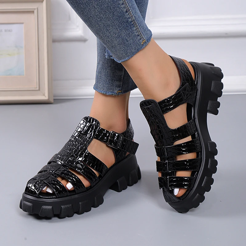 Women Gladiator Narrow Band Cross-tied Platform Square Heel Peep Toe Rome Design Sandals Women Sandals