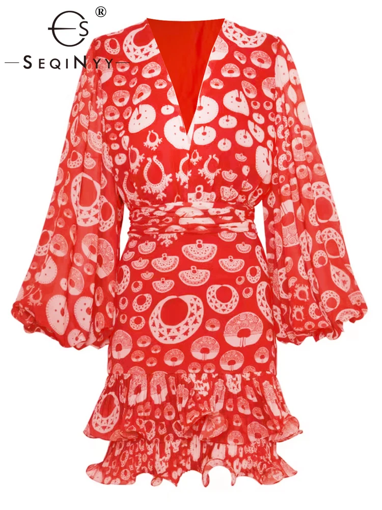 

SEQINYY Elegant Mini Dress Summer Spring New Fashion Design Women Runway High Street Vintage Flower Print Lantern Sleeve