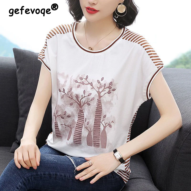 

2023 Summer Korean Fashion Patch Striped Patchwork Short Sleeve Tee T Shirt Femmes Women's Casual Round Neck Loose Tops Clothing