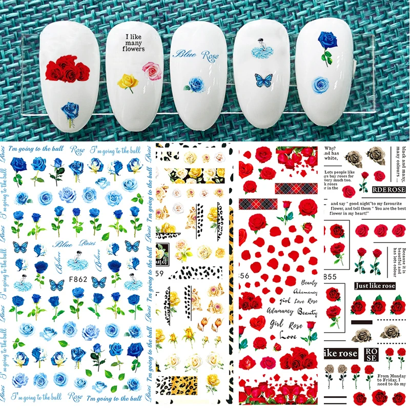 

New Sexy Flowers Stickers for Nails Blue Rose Gold Rose 3D Nail Sticker Art Decoraciones Design Sliders Manicure Accessories