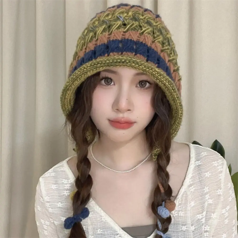 

Women Winter Knitted Cap Plush Ball Decor Colorful Elastic Thick Hollow Out Soft Warm Anti-slip Regular Fit Ear Protection Lady