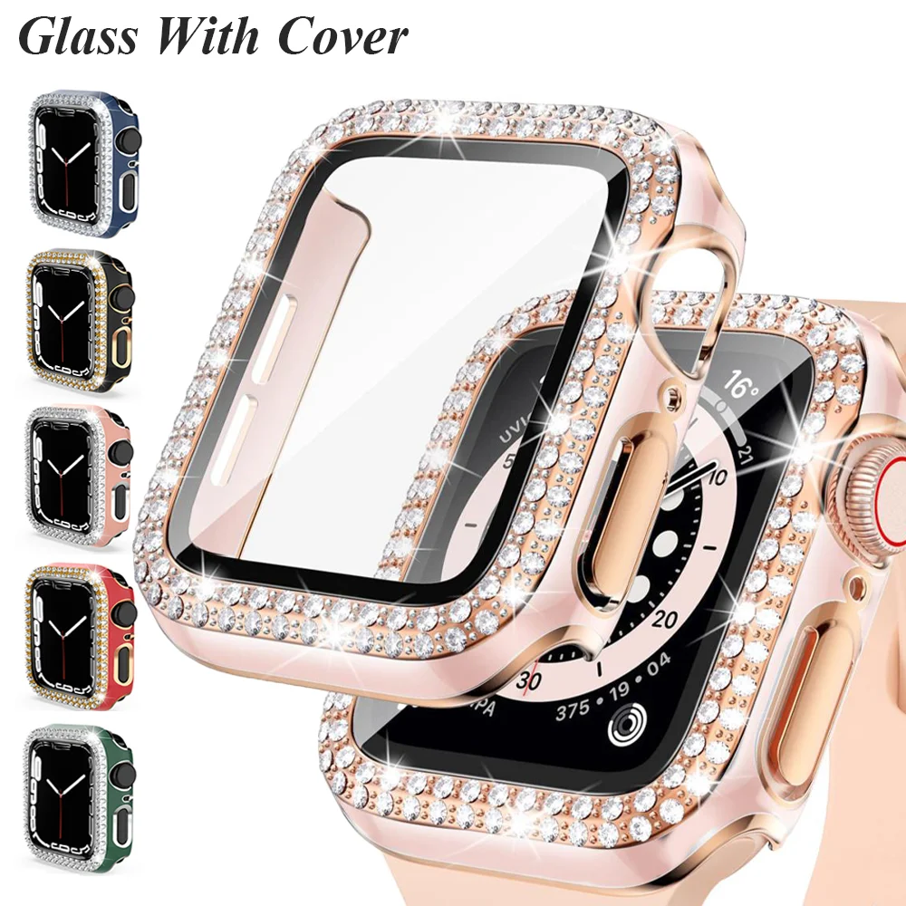 Vetro + Cover Per Apple Watch Series 7 6 5 4 3 2 Se Cinturino Iwatch 45Mm 41Mm 42Mm 40Mm 44 Diamond Screen Protector Apple Watch Case