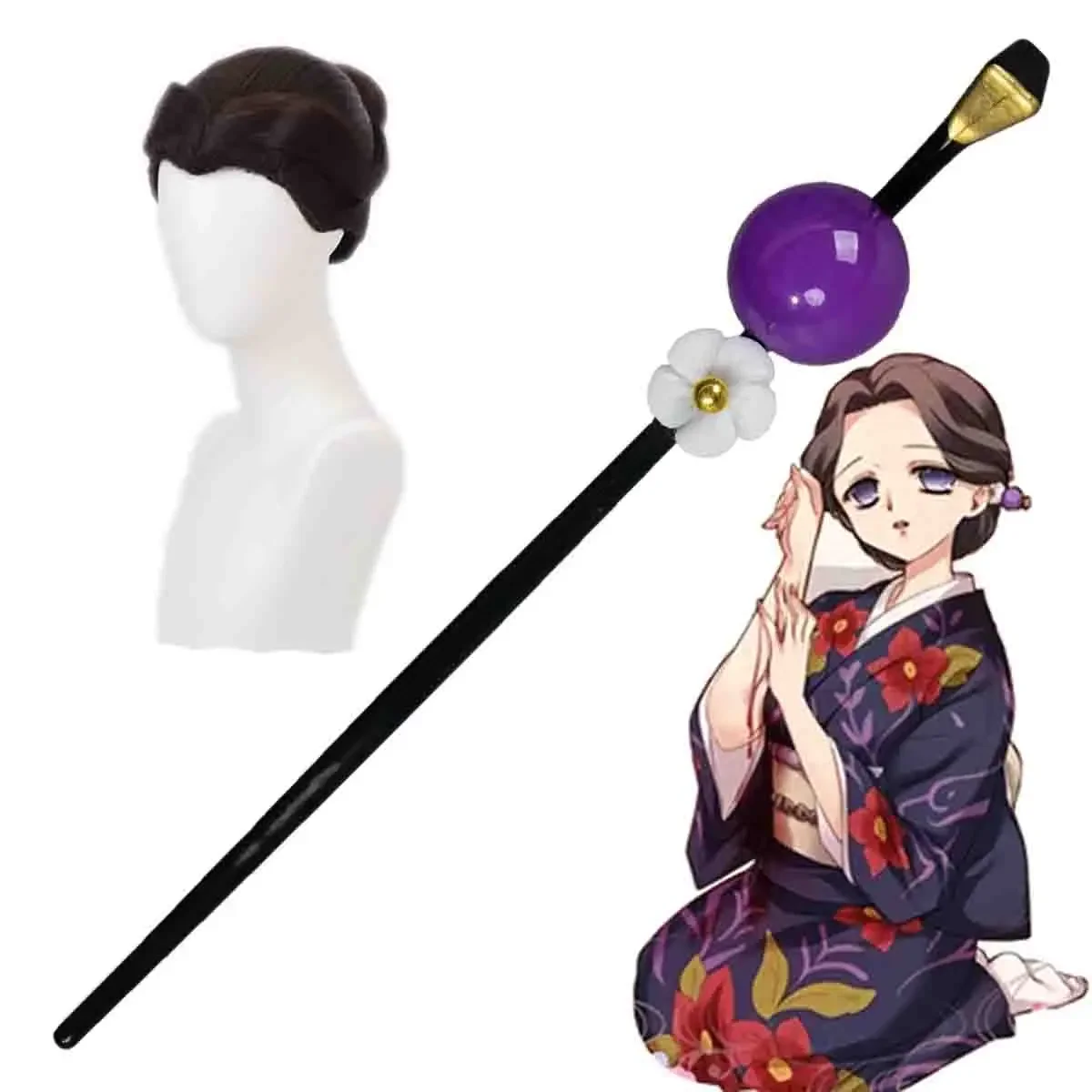 

Takerlama Tamayo Cosplay Hairpin Anime Kimetsu No Yaiba Purple Bead Flower Hair Pins Japanese Kimono Jewelry Accessories